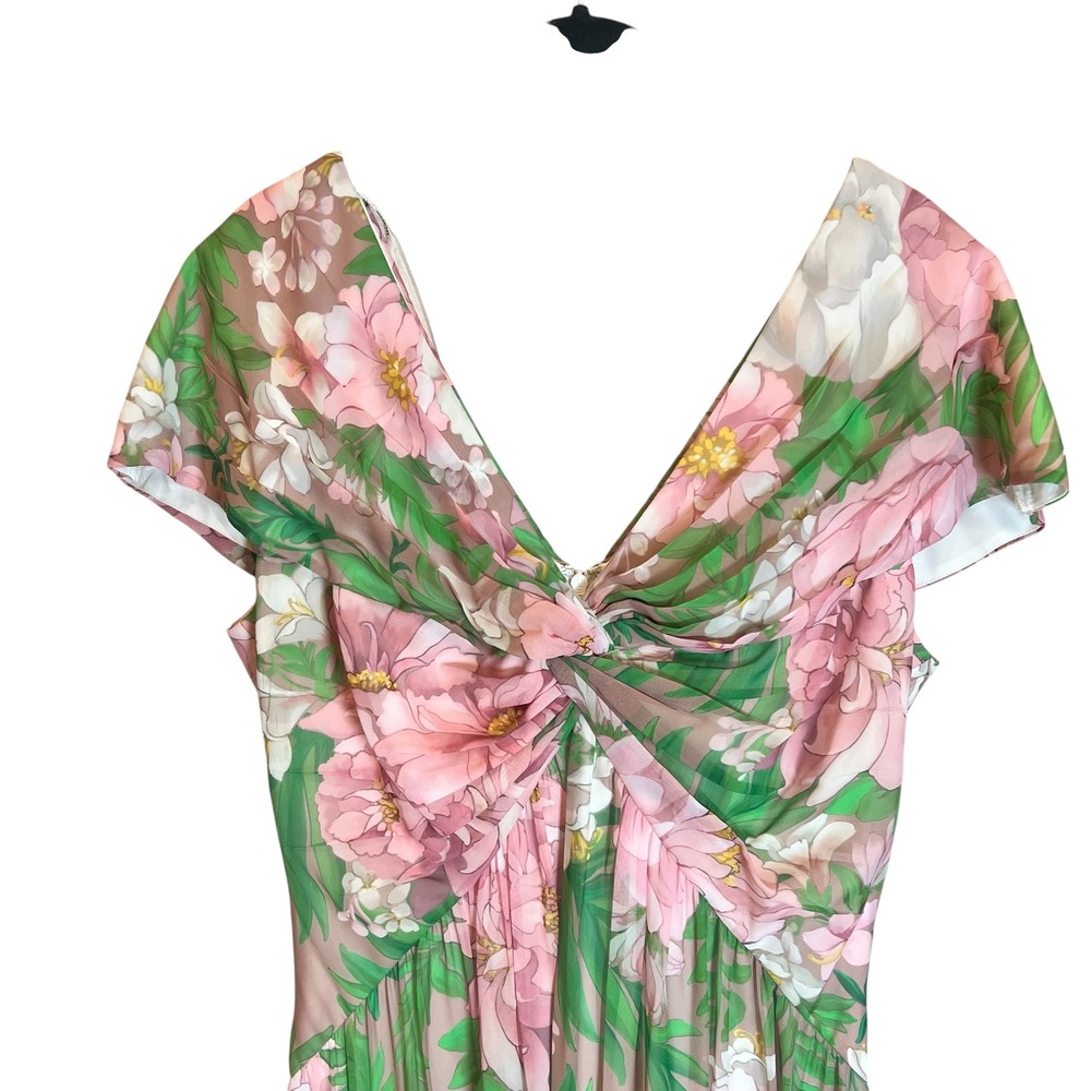Tadashi Shoji Floral Print Ruched Twist Front Midi Dress Pink Green Womens 10 - Picture 4 of 7